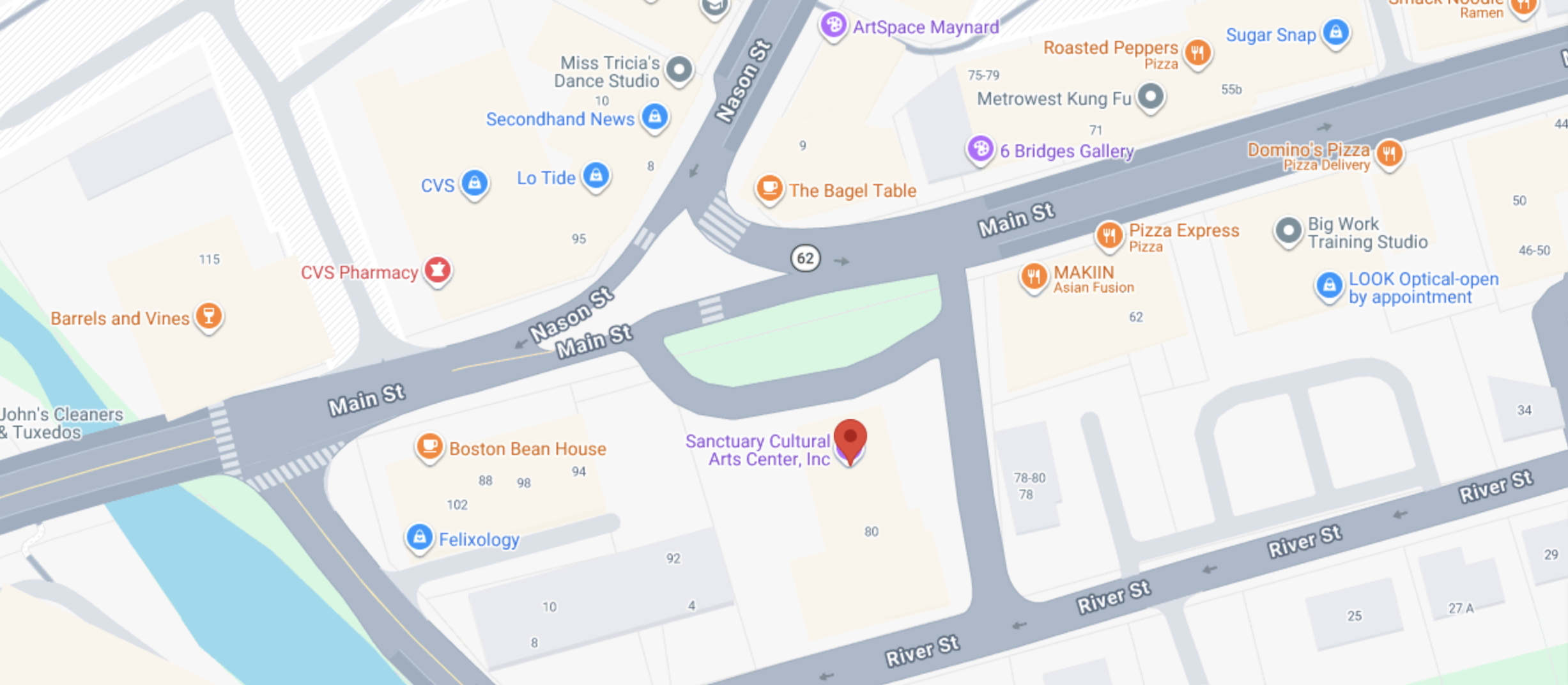 Map showing Sanctuary Cultural Arts Center at 82 Main Street, Maynard, MA